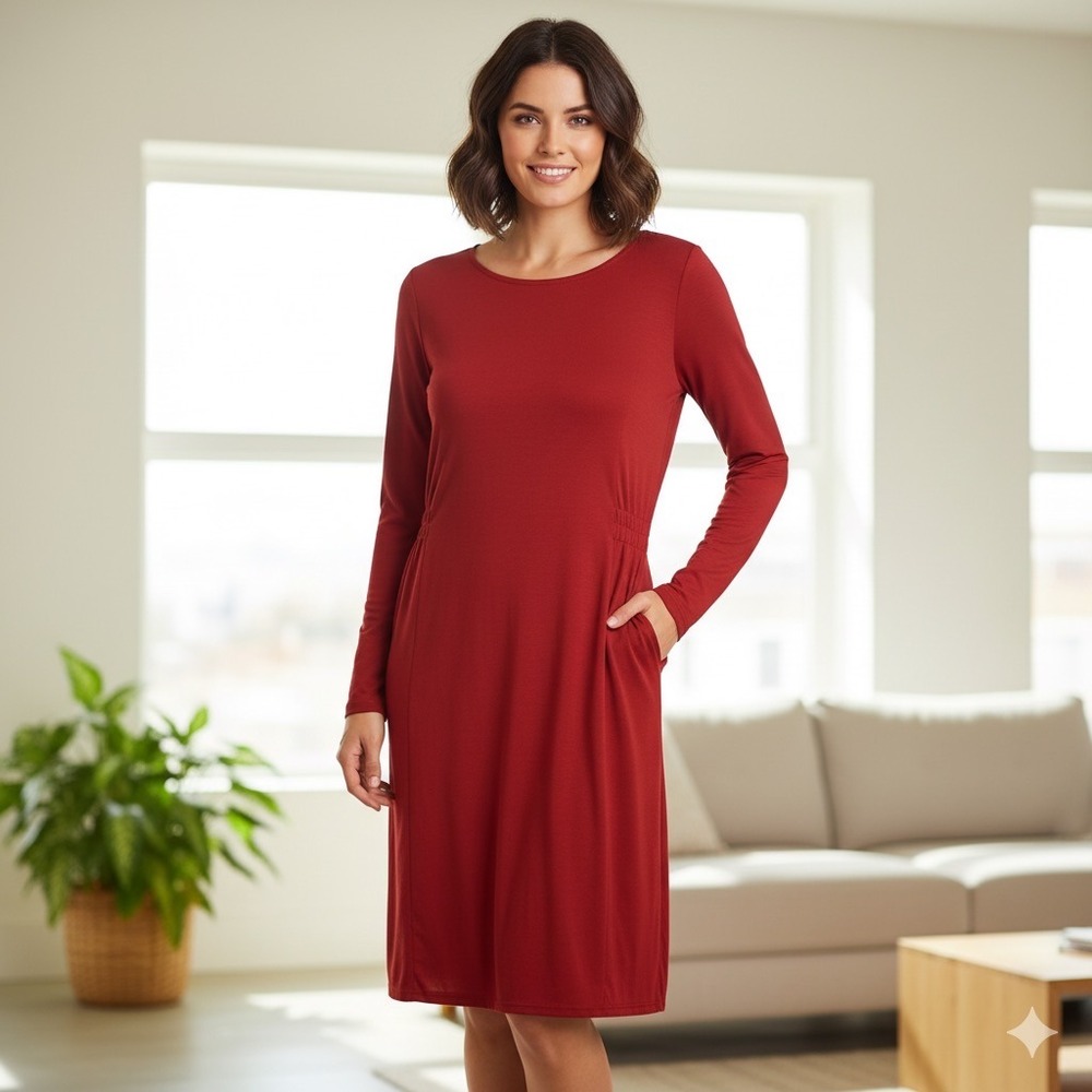 J Jill Wearever Stretch Knit Dress Women Small Red Long Sleeves Knee Length